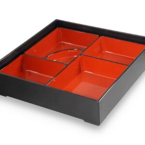 JapanBargain 4591, Red and Black Japanese Traditional Plastic Lacquered Lunch Bento Box 5 Compartments for Restaurant or Home Tray and Plate 2pc Set, Made in Japan, 9.5", Pack of 2