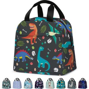 velivn lunch bag for kids, leakproof insulated lunch box with front pocket for boys/girls reusable zipper cooler tote bag for work school picnic camping (dark grey with dinosaur)