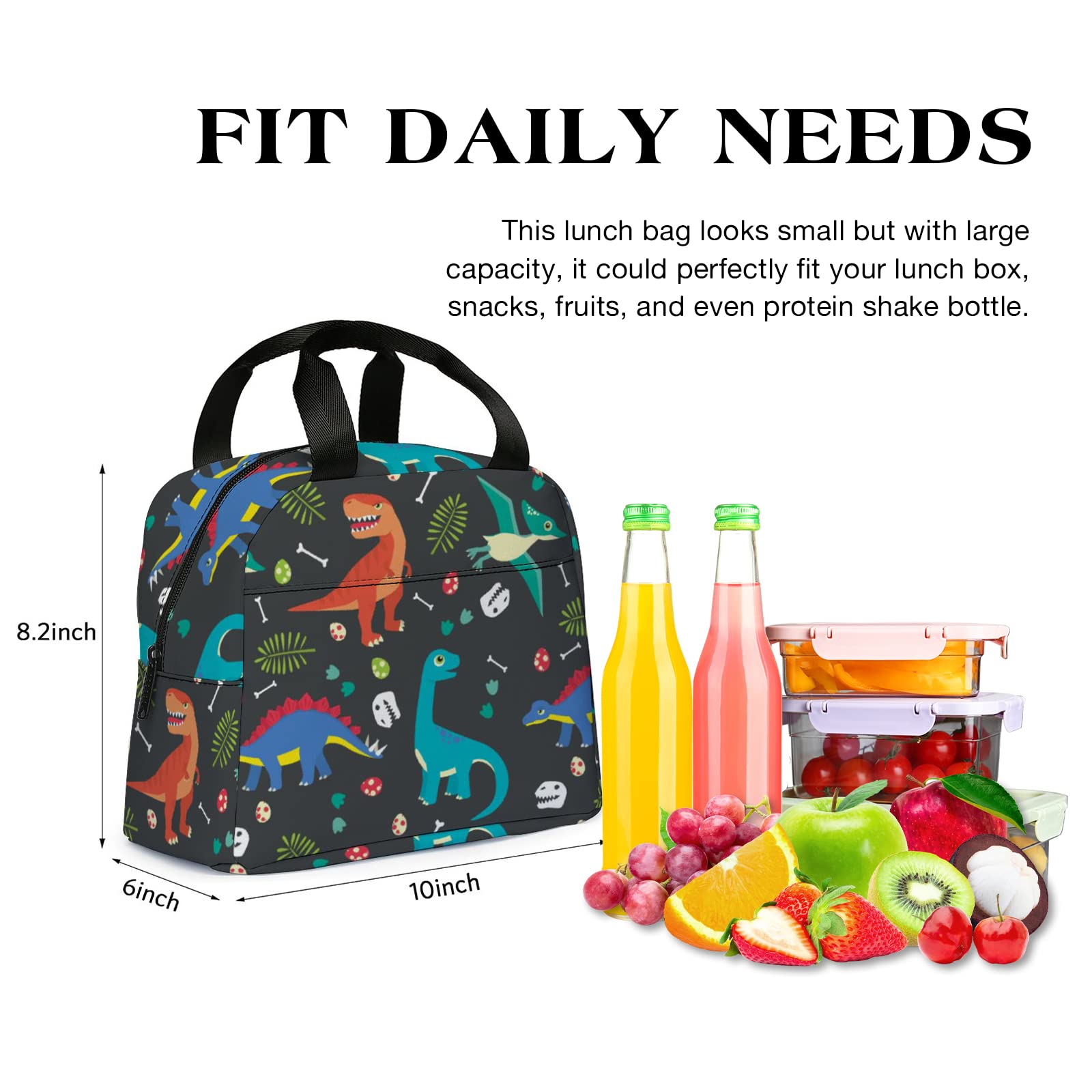 Velivn Lunch Bag for Kids, Leakproof Insulated Lunch Box with Front Pocket for Boys/Girls Reusable Zipper Cooler Tote Bag for Work School Picnic Camping (Dark Grey with Dinosaur)