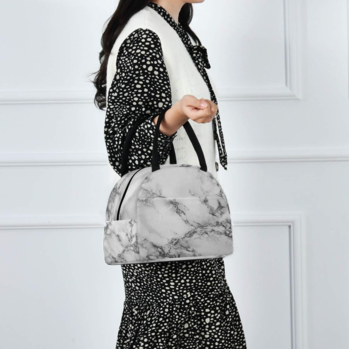 senya Lunch Bag, White Marble Black Texture Insulated Lunch Box Cooler Bag Tote Bag for Women Kids/Picnic/School/Work