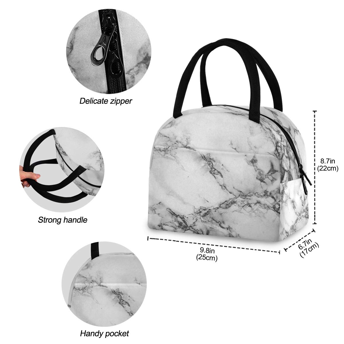 senya Lunch Bag, White Marble Black Texture Insulated Lunch Box Cooler Bag Tote Bag for Women Kids/Picnic/School/Work