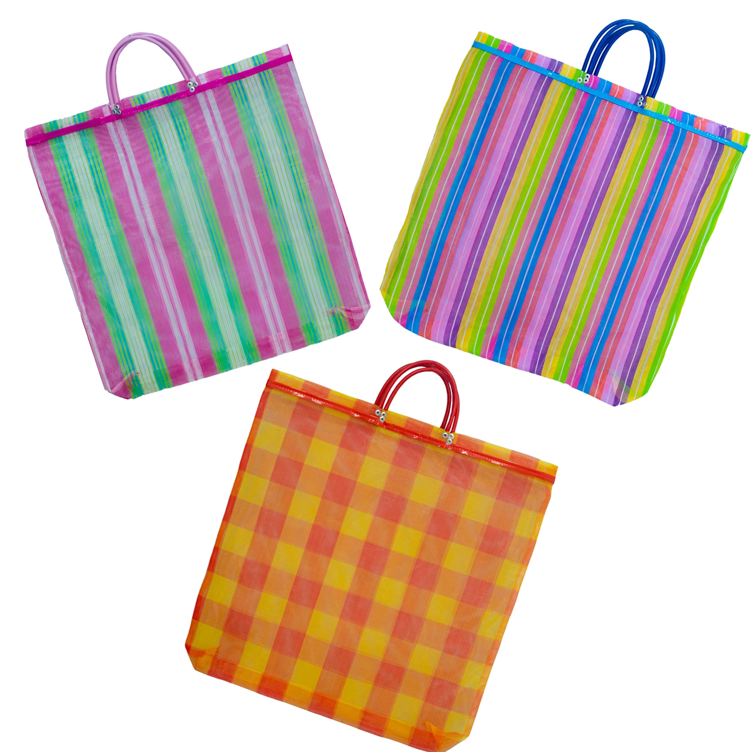 La Sol Imports Large Mercado Mexican Bags Tote Reusable Colorful Durable Mesh Grocery Bag 20 x 22 in Plus 5 in Handle (3 Piece 20 in)