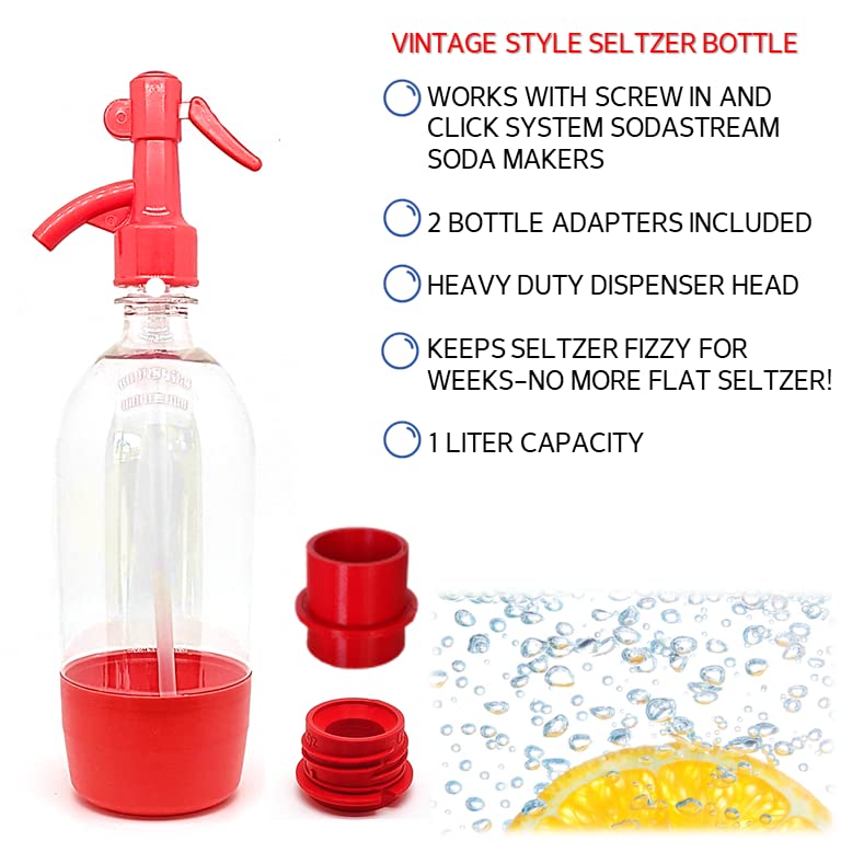 Sodafall Seltzer bottle with converter adapter for SodaStream machines/Fizz saver seltzer bottle with dispenser (red)