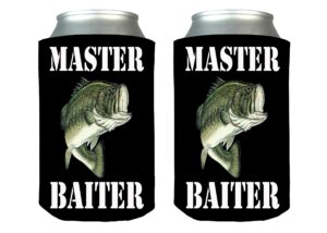 funny fishing master baiter joke collapsible beer can bottle beverage cooler sleeves 2 pack