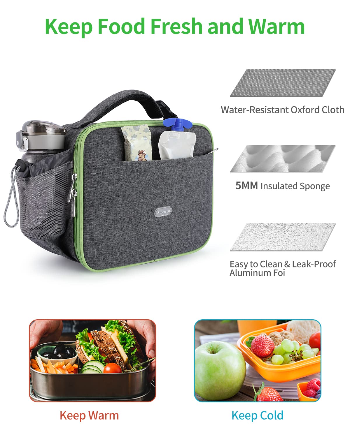 Amersun Kids Lunch Box with Multi-Pockets-Durable & Keep Food Warm Cold & Double Insulated School Lunch Cooler Bag with Water-Resistant Fabric for Kids, Girls, Boy-Children Lunch Tote (Grey)