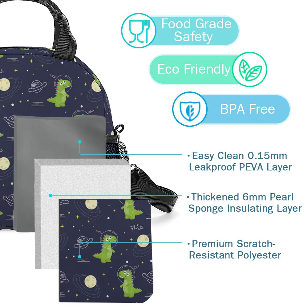 Tuporkam Insulated Lunch Bag for Boys Girls, Dark Blue with Dinosaur, Unisex, Polyester, 10 x 6.5 x 8.9 in