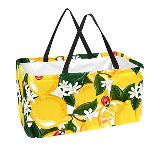 RATGDN Reusable Grocery Bags Yellow Lemons Ladybug Foldable Washable Large Storage Bins Basket Shopping Tote Bag