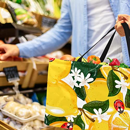 RATGDN Reusable Grocery Bags Yellow Lemons Ladybug Foldable Washable Large Storage Bins Basket Shopping Tote Bag