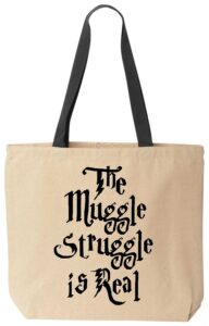 beegeetees the mug strug is real funny wizard reusable canvas tote bag (black handle)