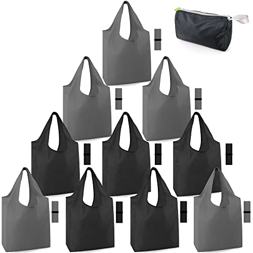 BeeGreen X-Large 10 Pack Black & Grey Reusable Shopping Bags with Storage Pouch & Elastic Band Reusable Grocery Bags Bulk Wholesale 50LBS Foldable Fabric Bags Machine Washable