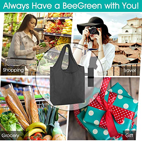 BeeGreen X-Large 10 Pack Black & Grey Reusable Shopping Bags with Storage Pouch & Elastic Band Reusable Grocery Bags Bulk Wholesale 50LBS Foldable Fabric Bags Machine Washable