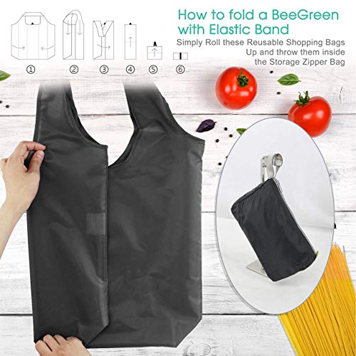BeeGreen X-Large 10 Pack Black & Grey Reusable Shopping Bags with Storage Pouch & Elastic Band Reusable Grocery Bags Bulk Wholesale 50LBS Foldable Fabric Bags Machine Washable