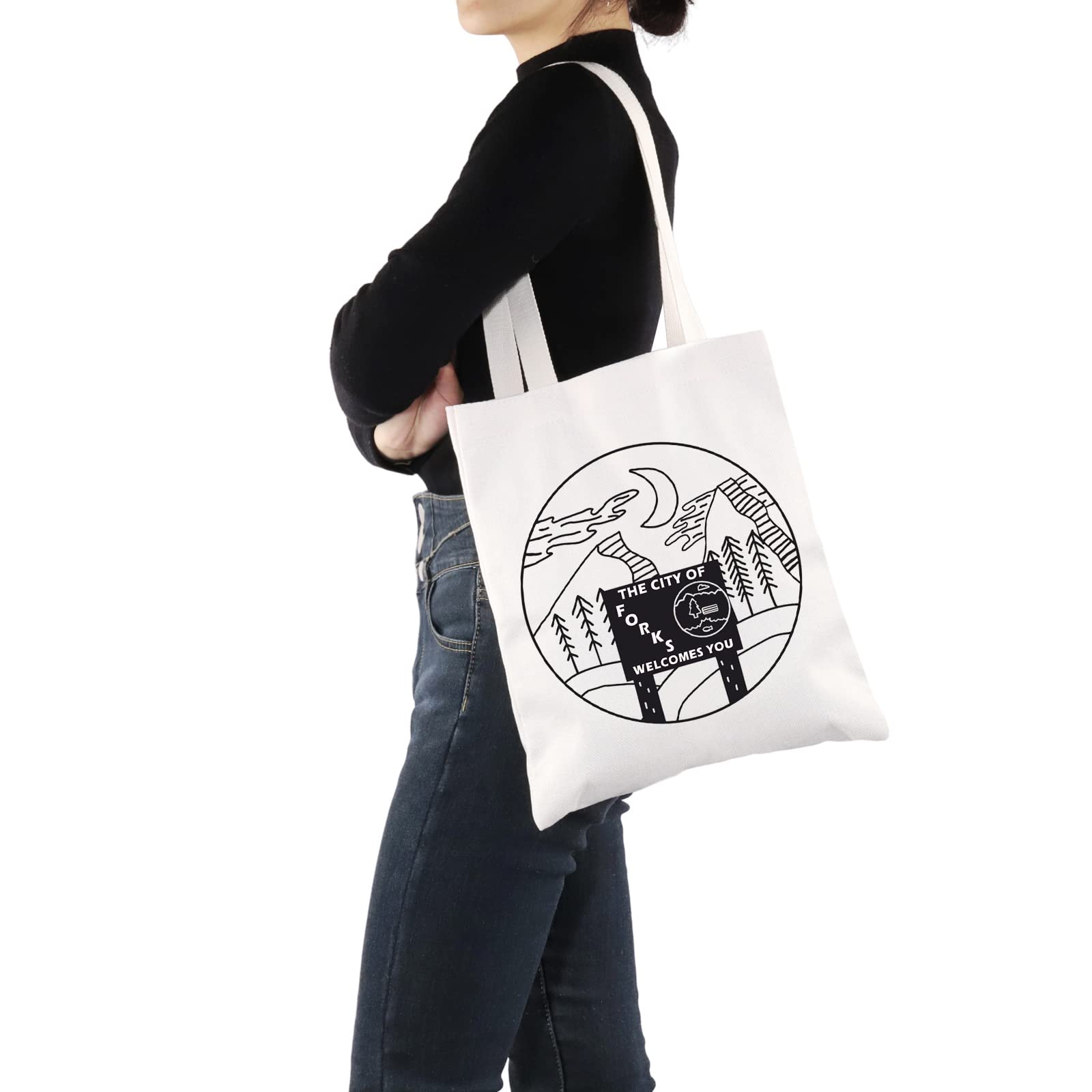 G2TUP Vampire Movie Inspired Gift The City Of Forks Welcome You Reusable Canvas Tote Bag Forks Washington Handbag TV Show Merchandise (Forks Handbag)