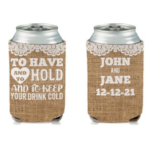 victorystore can and beverage coolers: custom rustic burlap to have and to hold wedding can coolers (150)