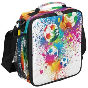 watercolor soccer lunch box for kids sport football lunch bag for girls boys insulated freezable lunchbox with adjustable shoulder strap, cooler tote bag for school, travel, picnic, beach