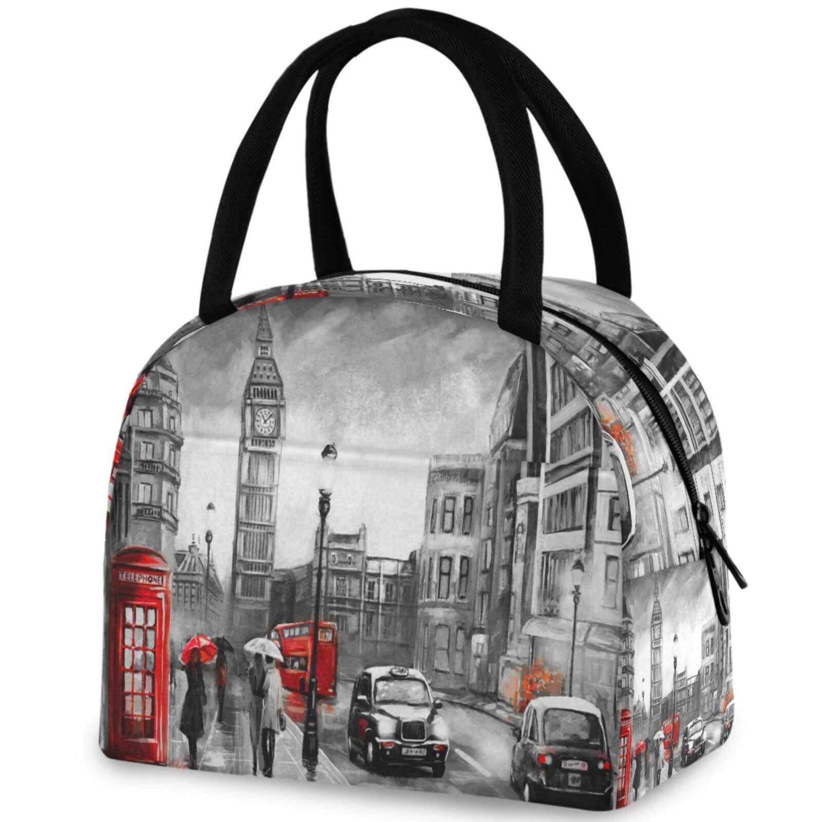 ZzWwR Stylish London Street View Big Ben Reusable Lunch Tote Bag with Front Pocket Zipper Closure Insulated Thermal Cooler Container Bag for Man Women Work Picnic Travel Beach Fishing