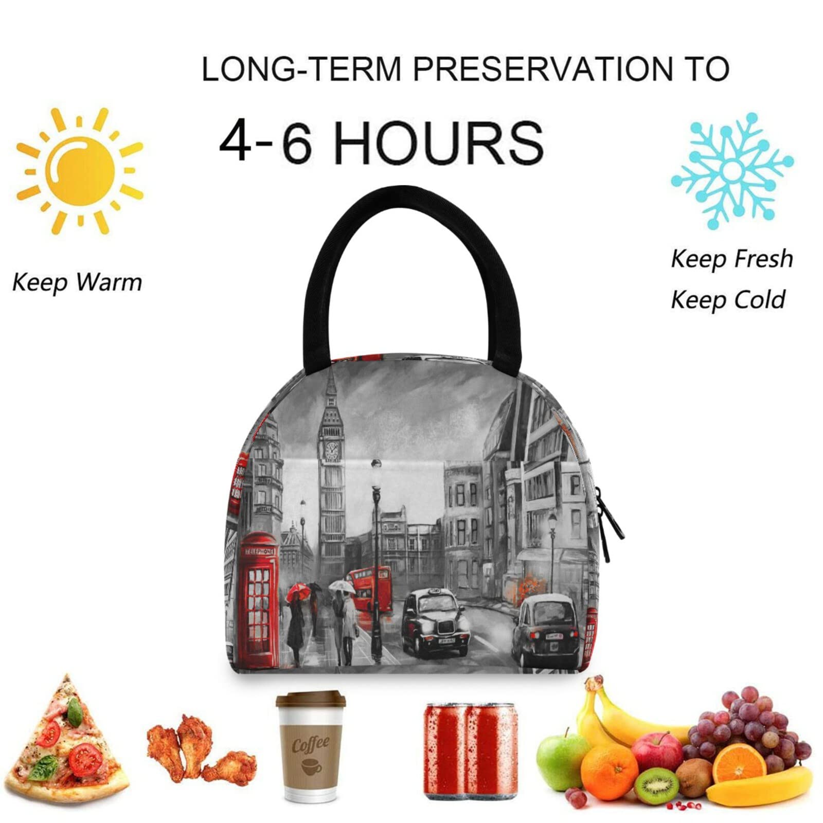 ZzWwR Stylish London Street View Big Ben Reusable Lunch Tote Bag with Front Pocket Zipper Closure Insulated Thermal Cooler Container Bag for Man Women Work Picnic Travel Beach Fishing