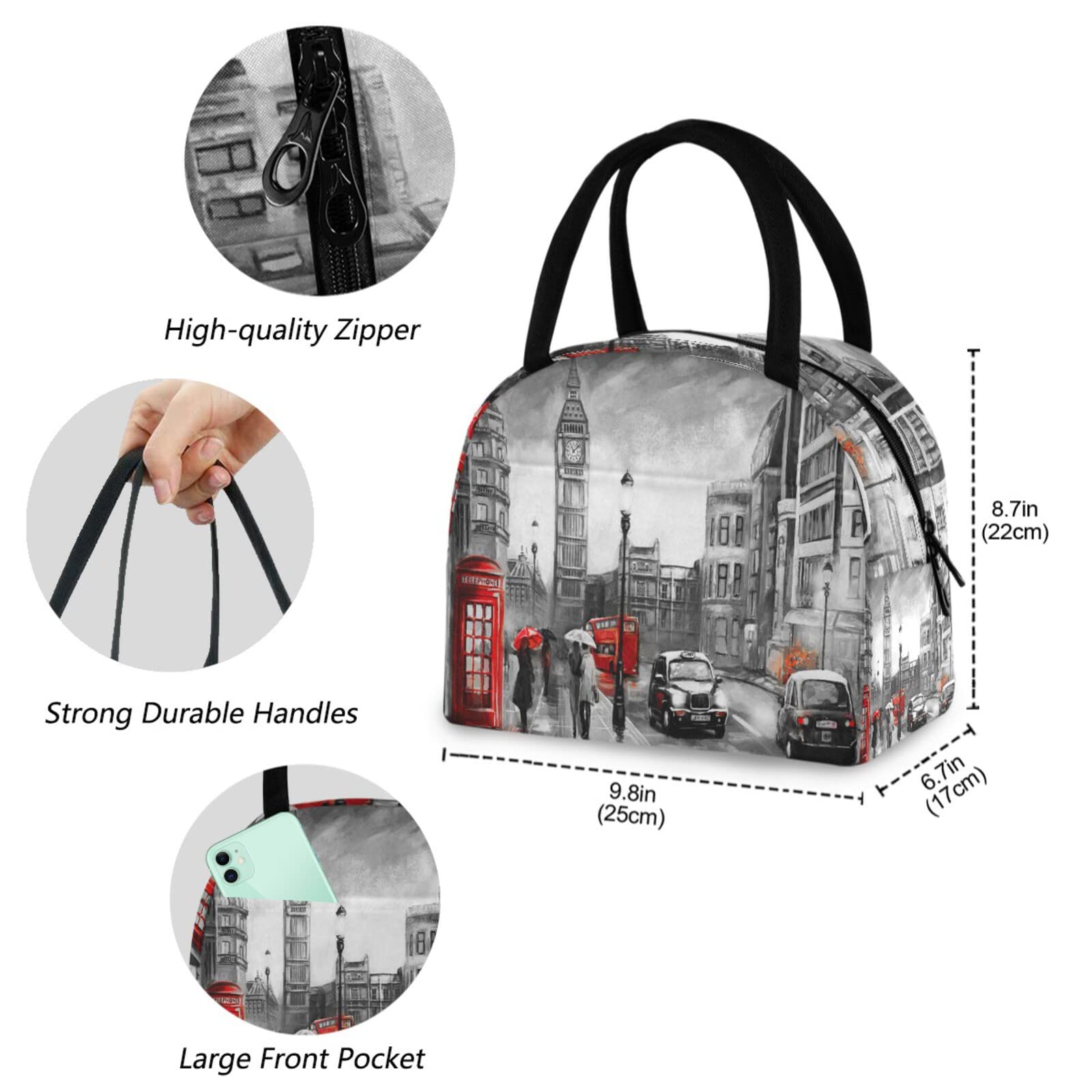 ZzWwR Stylish London Street View Big Ben Reusable Lunch Tote Bag with Front Pocket Zipper Closure Insulated Thermal Cooler Container Bag for Man Women Work Picnic Travel Beach Fishing