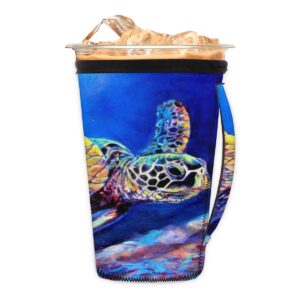 reusable iced coffee cup sleeve sea turtle ocean neoprene insulated sleeves cup holder with handle tumbler sleeve insulator sleeves for cold hot drinks beverages 32oz