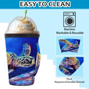 Reusable Iced Coffee Cup Sleeve Sea Turtle Ocean Neoprene Insulated Sleeves Cup Holder with Handle Tumbler Sleeve Insulator Sleeves for Cold Hot Drinks Beverages 32oz