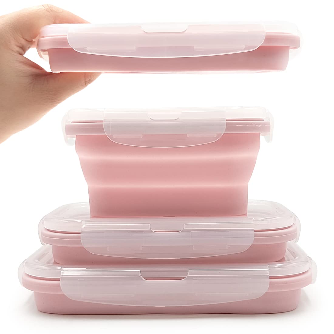 Duoyou Collapsible Silicone Lunch Bento Box, Portable Food Storage Container Outdoor Picnic Box Space Saving, Microwave, Dishwasher and Freezer Safe, 3 Pcs Set (Pink)