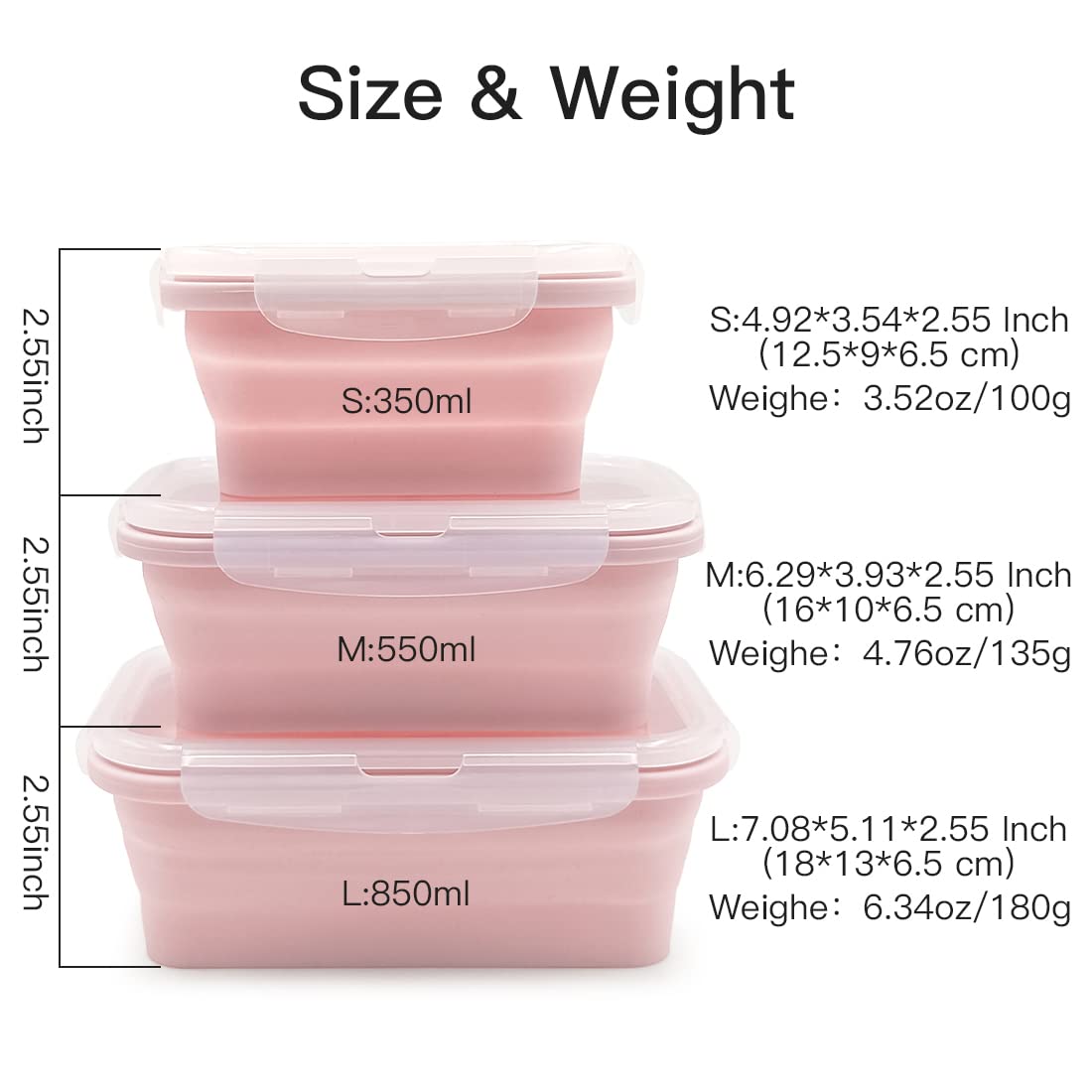 Duoyou Collapsible Silicone Lunch Bento Box, Portable Food Storage Container Outdoor Picnic Box Space Saving, Microwave, Dishwasher and Freezer Safe, 3 Pcs Set (Pink)