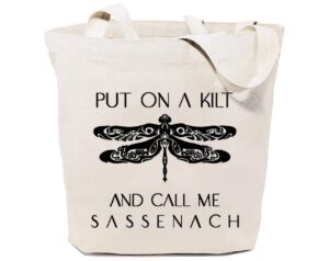 gxvuis dragonfly canvas tote bag for women put on a kilt and call me sassenach reusable grocery shopping bag outlander gift white