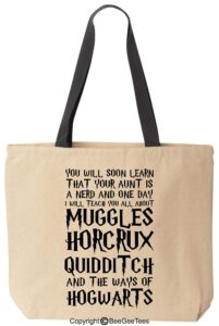 beegeetees you will soon learn that your aunt is a nerd funny wizard reusable canvas tote bag (black handle)