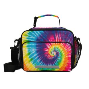vigtro tie dye lunch bag, leak-proof durable lunch box with external mesh bottle holder, colorful swirl reusable insulated lunchbox tote/cooler bag for kids age over 3 years old