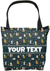 personalized tote bag for kids - woodland animals, custom name/text, reusable w/ straps, canvas cloth fabric, customized gift idea for boys/girls/children, birthday/christmas/holiday present, 13x13"