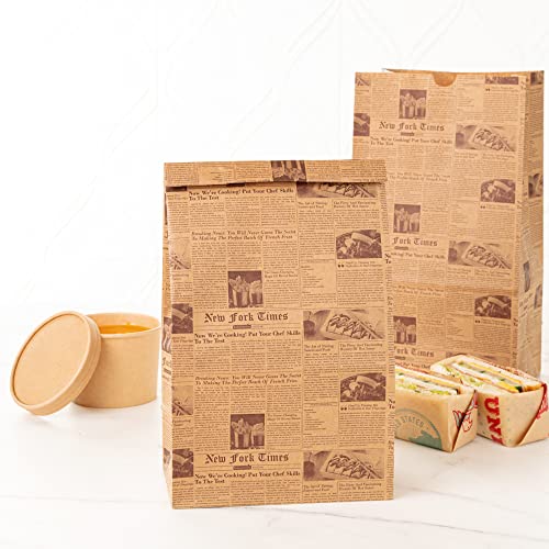 Restaurantware Bag Tek 12 Lb Disposable Lunch Bags 100 Sturdy Take Out Bags - Flat Bottom Microwavable Kraft Newsprint Design Paper Bags Freezable Great For Restaurants Cafes And Bakeries