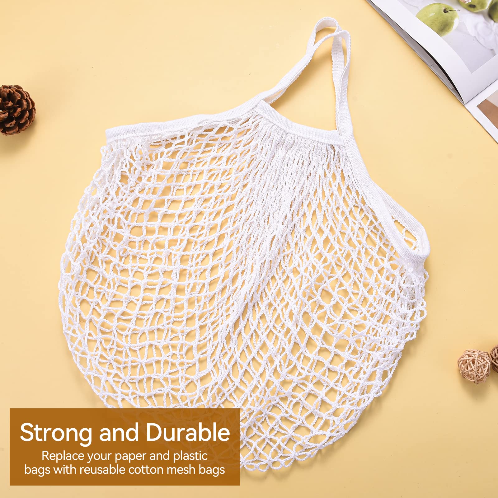 Eslazoe [2pack] completely Cotton string storage shopping bags, Ecology Reusable and washable mesh grocery bag,Portable short handle net tote