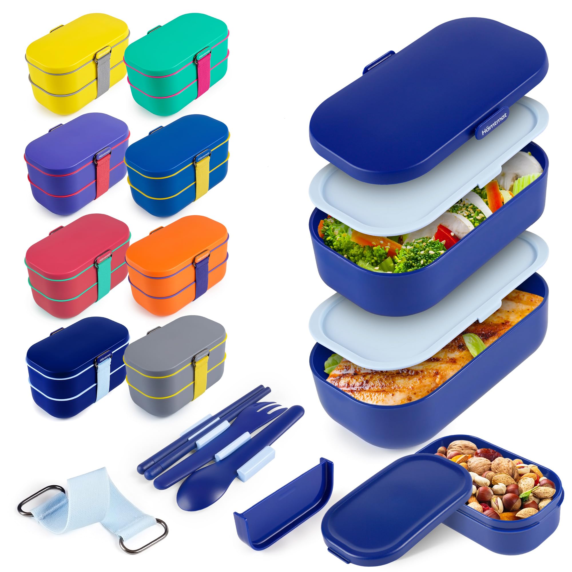 HÄMTMAT Bento Box Adult Lunch Boxes - Japanese Lunch Containers for Adults Lunchbox Set for Meal Prep Cute Stackable Container Insulated Microwave Safe Leak Proof Reusable Chopsticks Blue