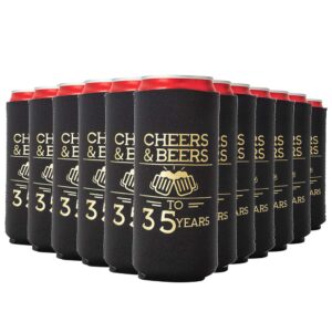 cheers & beers to 35 years slim can coolers 35th birthday party coolies, set of 12, black and gold can coolers, perfect for birthday parties, birthday decorations…