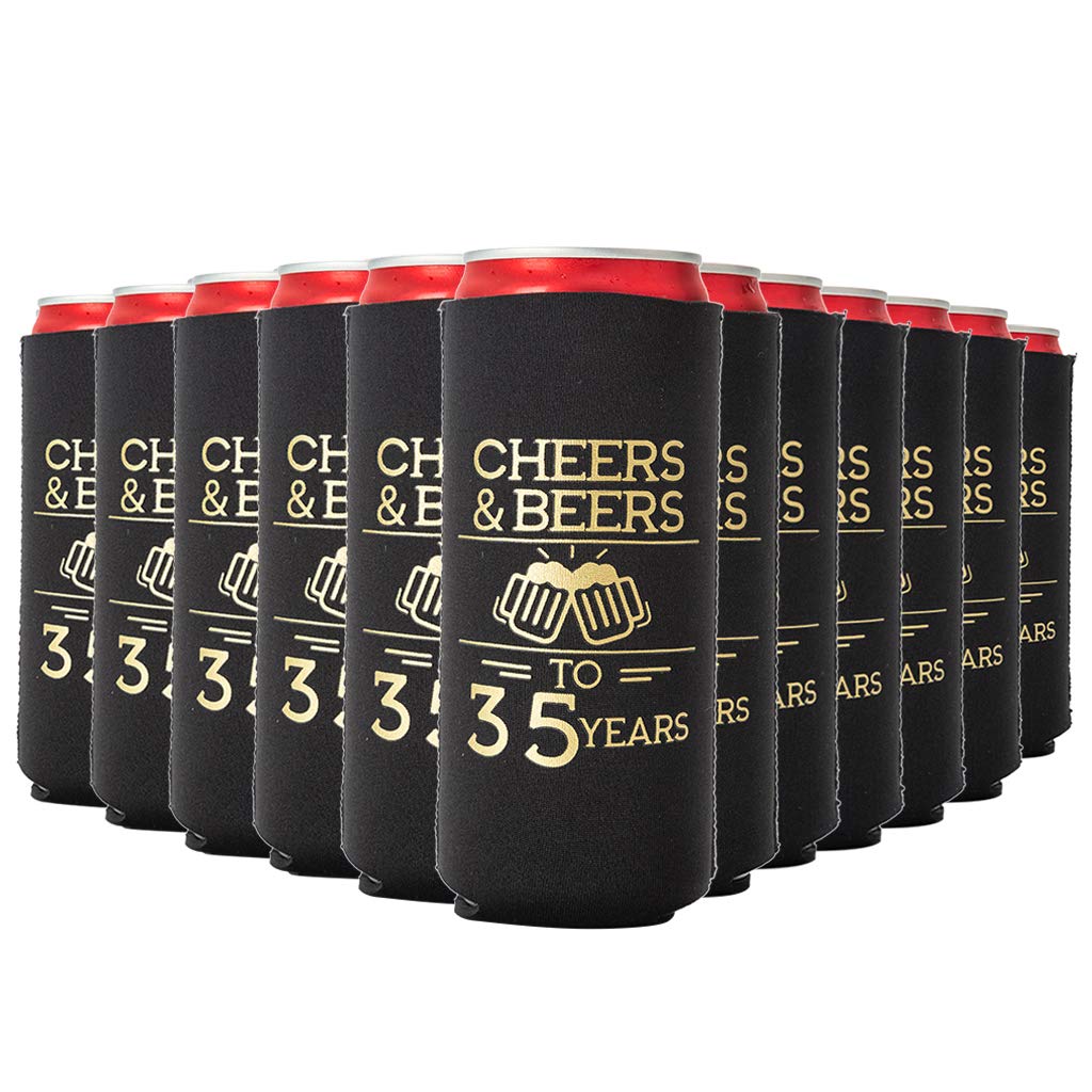 Cheers & Beers to 35 Years Slim Can Coolers 35th Birthday Party Coolies, Set of 12, Black and Gold Can Coolers, Perfect for Birthday Parties, Birthday Decorations…