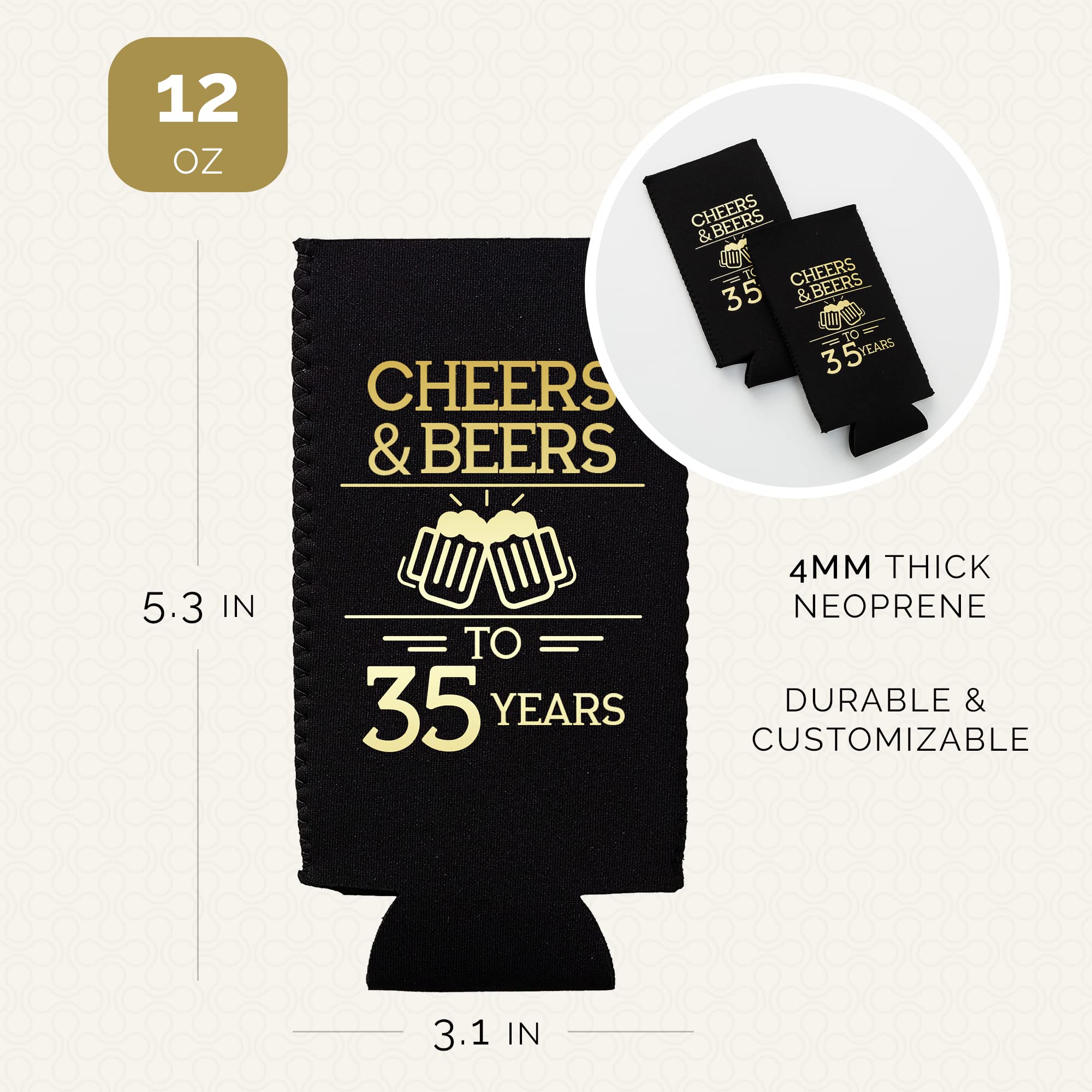 Cheers & Beers to 35 Years Slim Can Coolers 35th Birthday Party Coolies, Set of 12, Black and Gold Can Coolers, Perfect for Birthday Parties, Birthday Decorations…