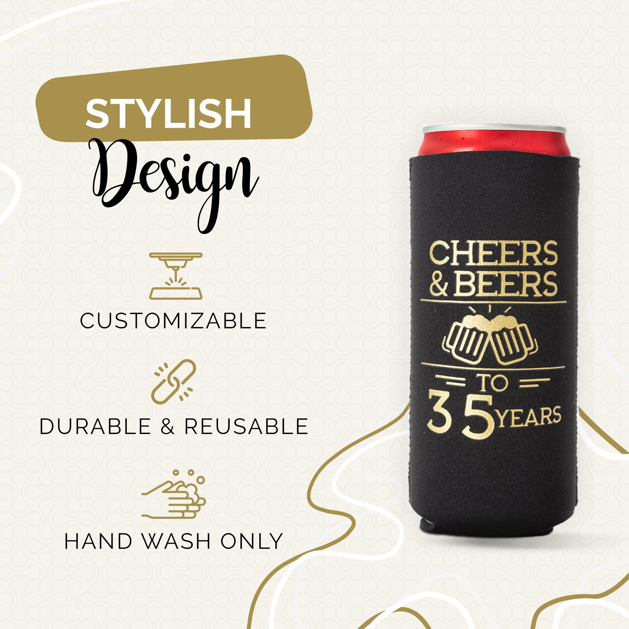 Cheers & Beers to 35 Years Slim Can Coolers 35th Birthday Party Coolies, Set of 12, Black and Gold Can Coolers, Perfect for Birthday Parties, Birthday Decorations…