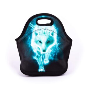 cool cyan wolf lunch bag blue walking wolf lunch bags for women kids girls teen boys insulated waterproof lunch tote animal printed box for work travel and picnic