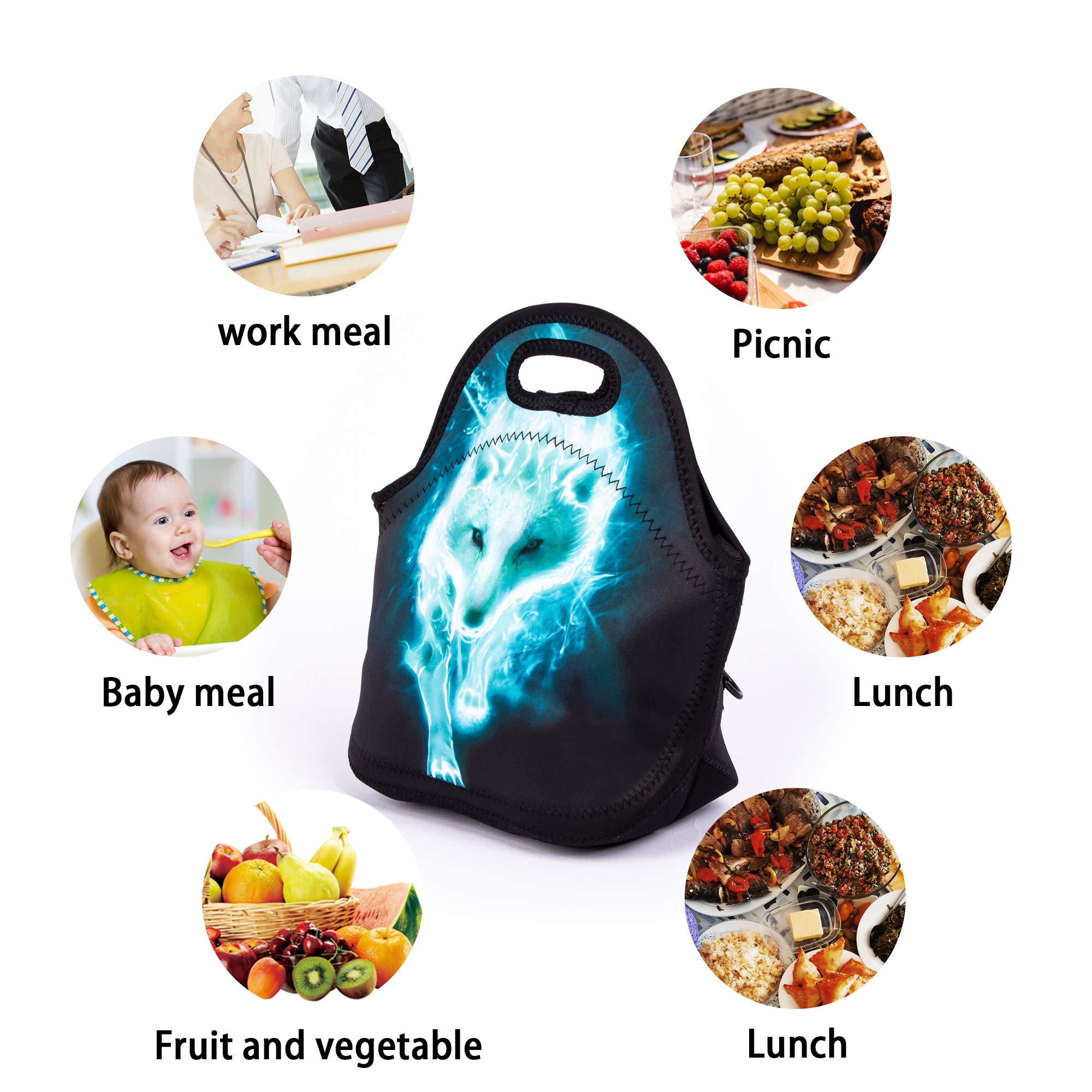 Cool Cyan Wolf Lunch Bag Blue Walking Wolf Lunch Bags for Women Kids Girls Teen Boys Insulated Waterproof Lunch Tote Animal Printed Box for Work Travel and Picnic