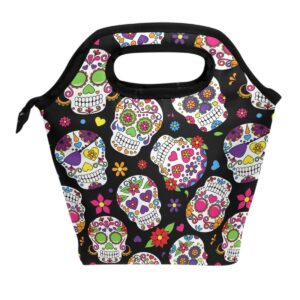 wamika lunch bag sugar skull flowers rose daisy insulated cooler thermal lunch bag box for kids school children students girls boys mexican day of the dead skull love heart lunch box handbag woman man