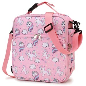 RAVUO Lunch Bag for Girls, Insulated Lunch Box for Kids Cute Unicorn Reusable Lunch Tote with Detachable Shoulder Strap and Buckle Handle