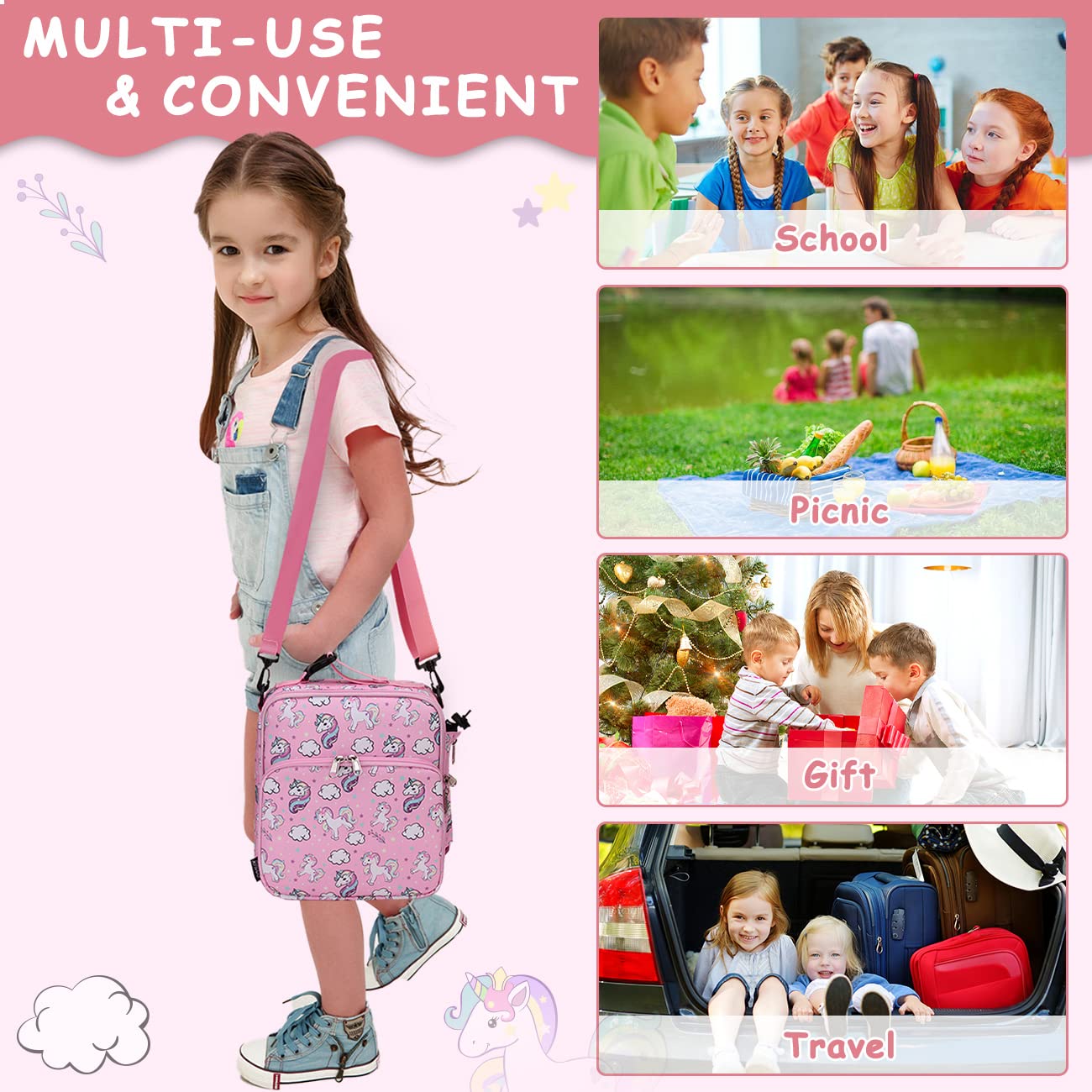 RAVUO Lunch Bag for Girls, Insulated Lunch Box for Kids Cute Unicorn Reusable Lunch Tote with Detachable Shoulder Strap and Buckle Handle