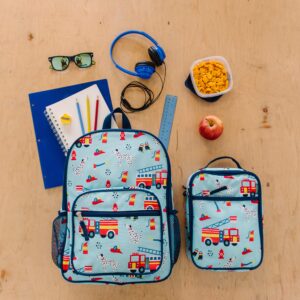 Wildkin Day2Day Kids Lunch Box Bag for Boys & Girls, Perfect for Elementary Lunch Box for Kids, Easy Access Front Pocket, Ideal for Packing Hot or Cold Snacks for School & Travel (Firefighters)