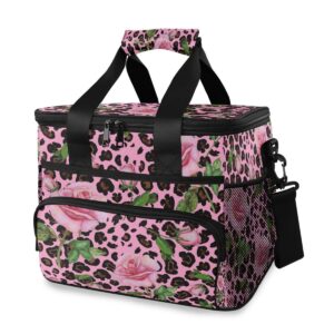 mnsruu cooler bag roses on pink leopard cooler bag insulated lunch totes picnic bag leakproof beach cooler lunch box container