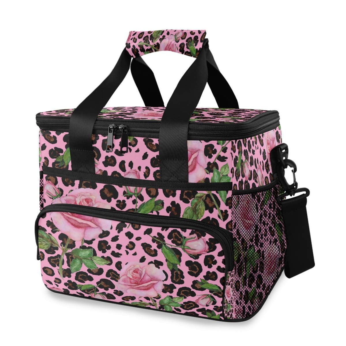 MNSRUU Cooler Bag Roses On Pink Leopard Cooler Bag Insulated Lunch Totes Picnic Bag Leakproof Beach Cooler Lunch Box Container