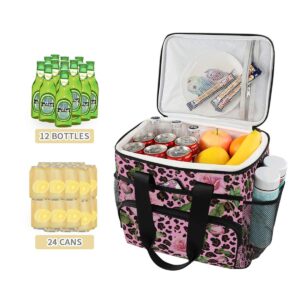 MNSRUU Cooler Bag Roses On Pink Leopard Cooler Bag Insulated Lunch Totes Picnic Bag Leakproof Beach Cooler Lunch Box Container