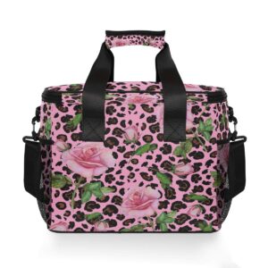 MNSRUU Cooler Bag Roses On Pink Leopard Cooler Bag Insulated Lunch Totes Picnic Bag Leakproof Beach Cooler Lunch Box Container