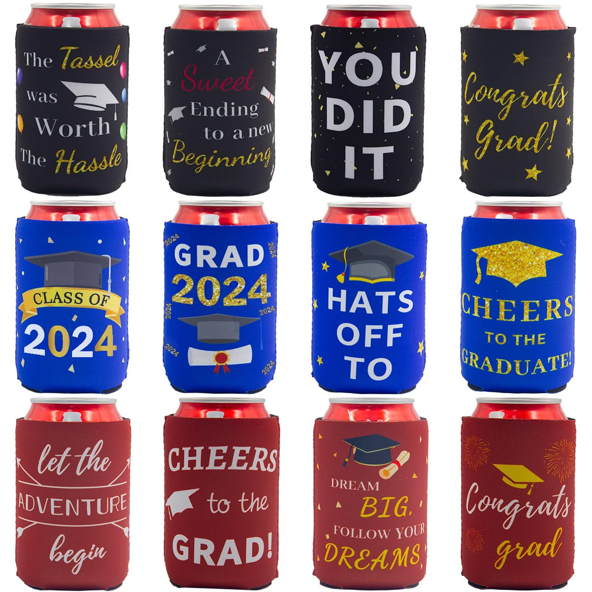 12 Graduation Can Cooler Sleeves Funny Neoprene Beer Can Covers for Class of 2024 Can Beverage Grad Party Supplies