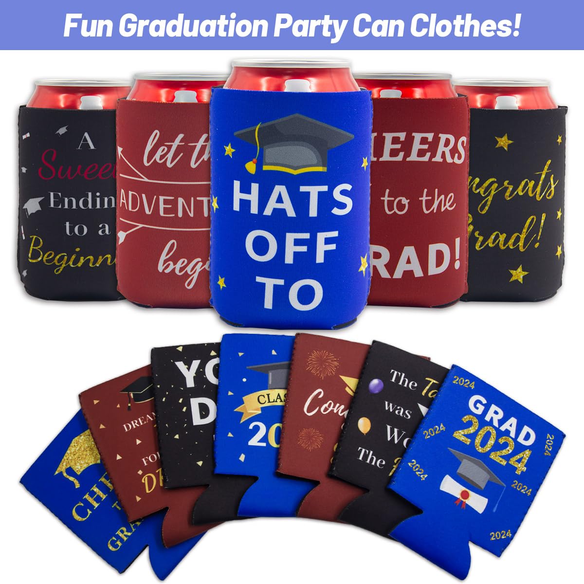 12 Graduation Can Cooler Sleeves Funny Neoprene Beer Can Covers for Class of 2024 Can Beverage Grad Party Supplies