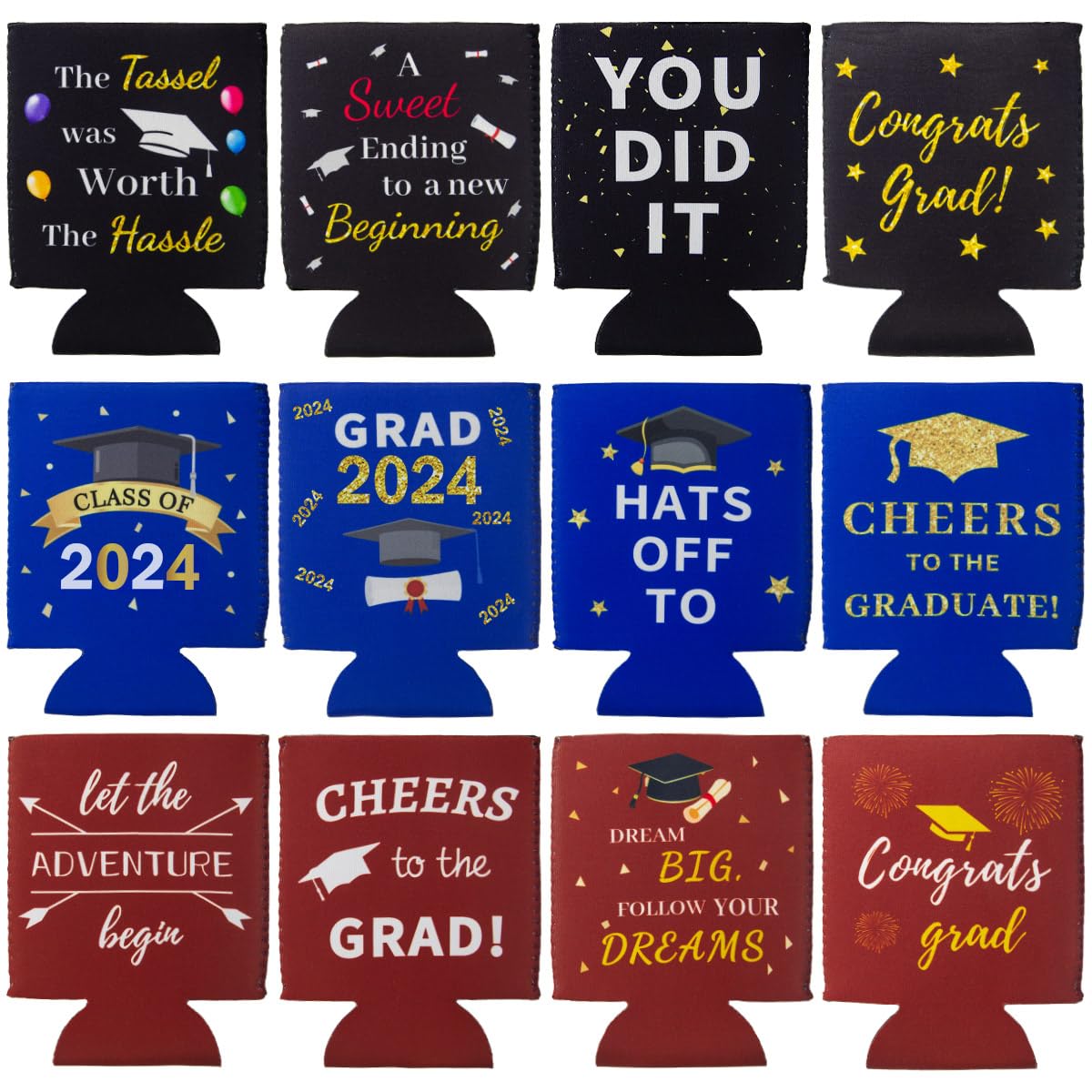 12 Graduation Can Cooler Sleeves Funny Neoprene Beer Can Covers for Class of 2024 Can Beverage Grad Party Supplies